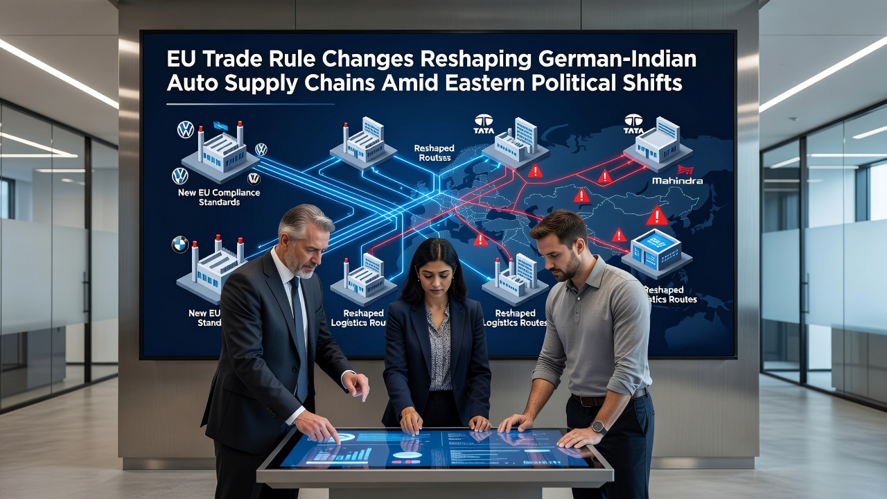 Container ships and rail freight carrying automotive parts between European and Indian ports with logistics coordinators monitoring operations